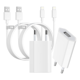 Lot de 2 Chargeurs Secteur USB + 2 Câbles Lightning 2m - Charge Rapide iPhone iPad